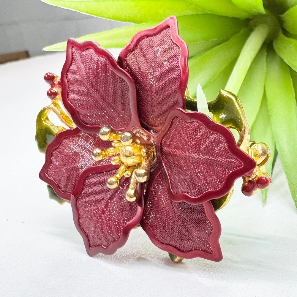 Vintage Y2K Kenneth Cole Burgundy Mesh Poinsettia Christmas Green Enamel Brooch